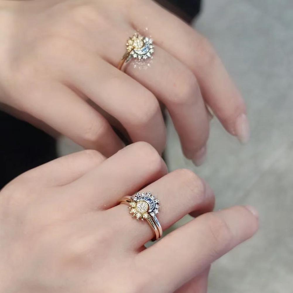 Sun Moon Stars Open Ring with Unique Diamond Setting Combination for Two People Jewelry Set