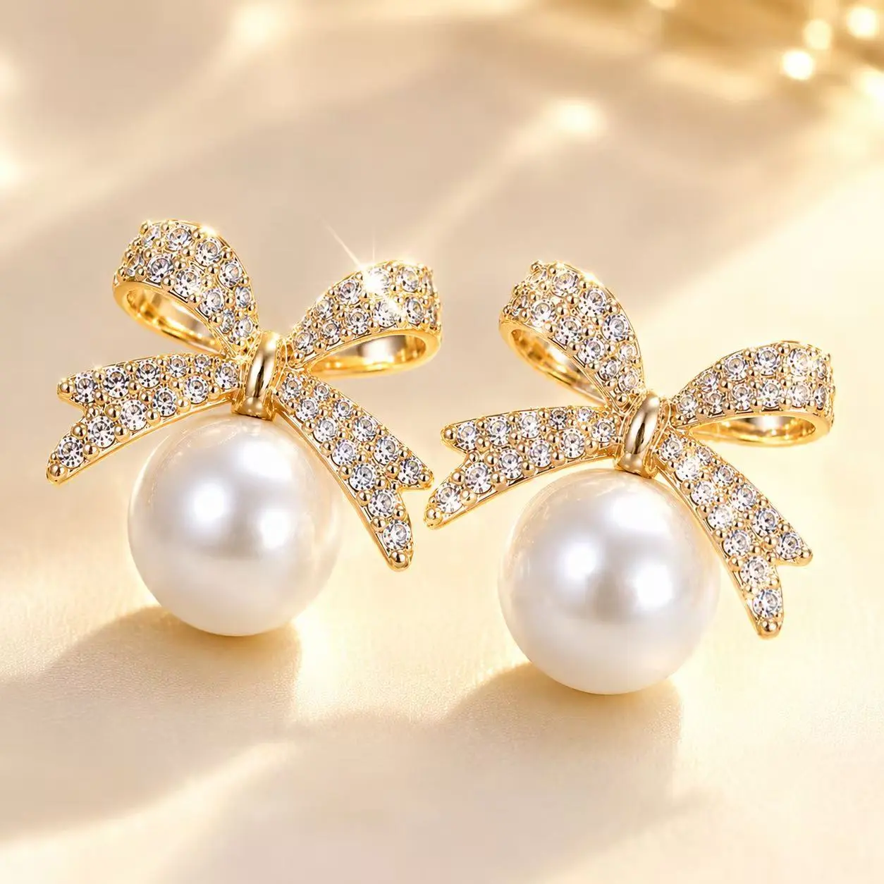 Gold Bow Pearl Stud Earrings for Women | Rhinestone Pearl Earrings | Elegant Gift Jewelry
