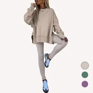 Beige Solid Color Oversize Side Slit Thumbhole Sleeve Sweatshirt and Leggings 2pcs Set, 2 Piece Comfort Leggings Outfit for Womens Dailywear