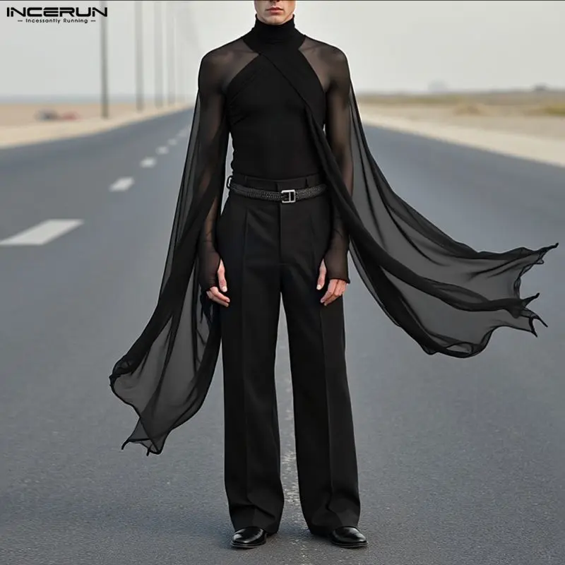 INCERUN Men's Fitted Gothic Woven Fabric Top - Asymmetrical Chiffon Cape Sleeves, Sheer Mesh Patchwork, Mock Neck Aesthetic Costume for Stage, Halloween, Cosplay, Bold Visual Impact, Costumes, Turtleneck, Aesthetics, Menswear, Dramatic, Clothes
