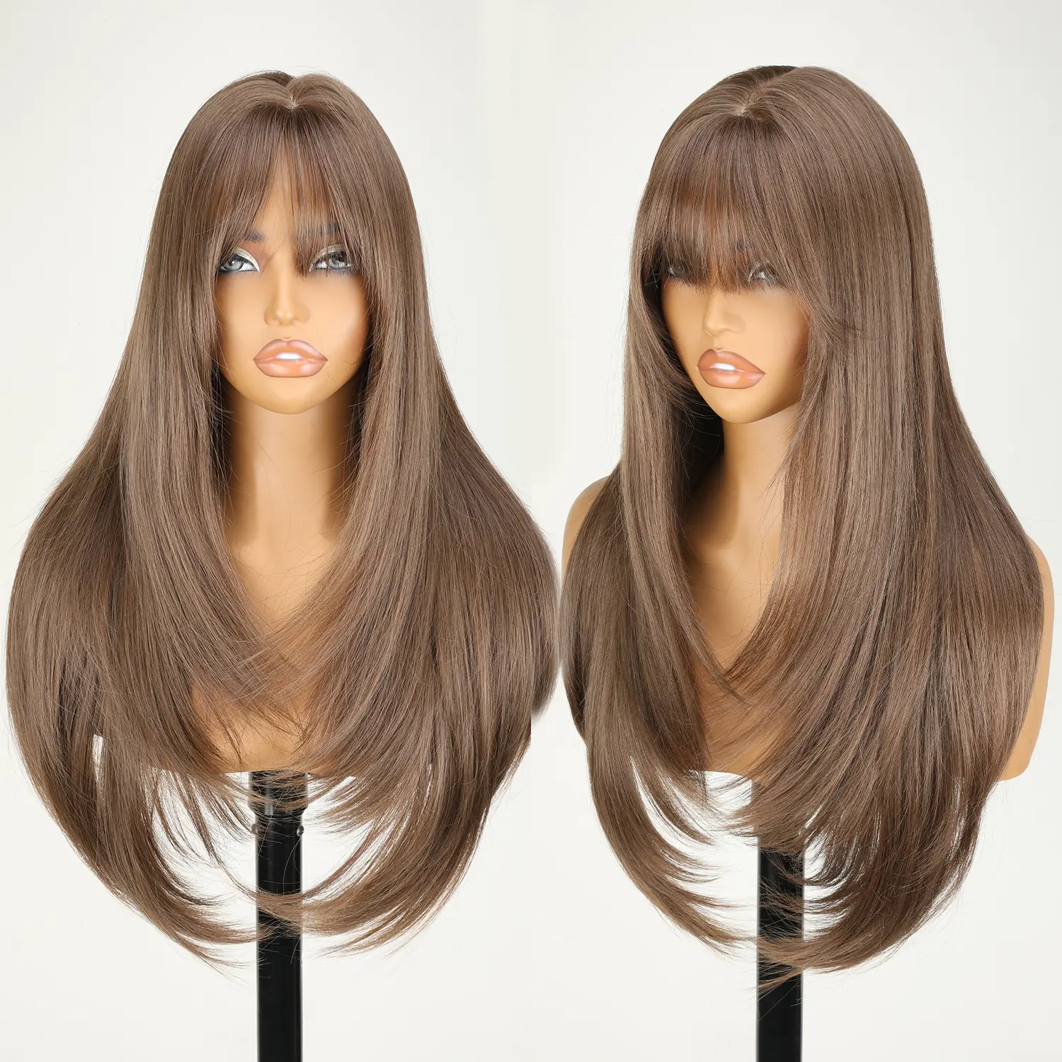 SOKU Wear and Go Glueless Wigs 26 Inch Layered Straight Wigs with Bangs for Beginners Heat Resistant Synthetic Hair Party Cosplay Wig and Daily Used breathable cap
