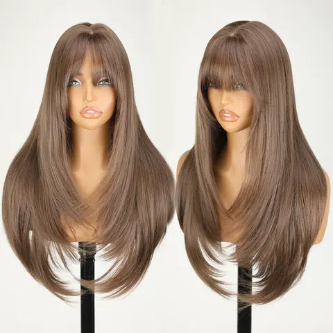 SOKU Wear and Go Glueless Wigs 26 Inch Layered Straight Wigs with Bangs for Beginners Heat Resistant Synthetic Hair Party Cosplay Wig and Daily Used breathable cap