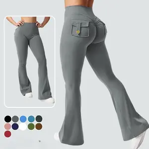 Yoga Pants with Pocket Women's Flared Pants Hip Lifting Sports Tight Fitness Pants Micro-pull Yoga Pants High Waist Pockets