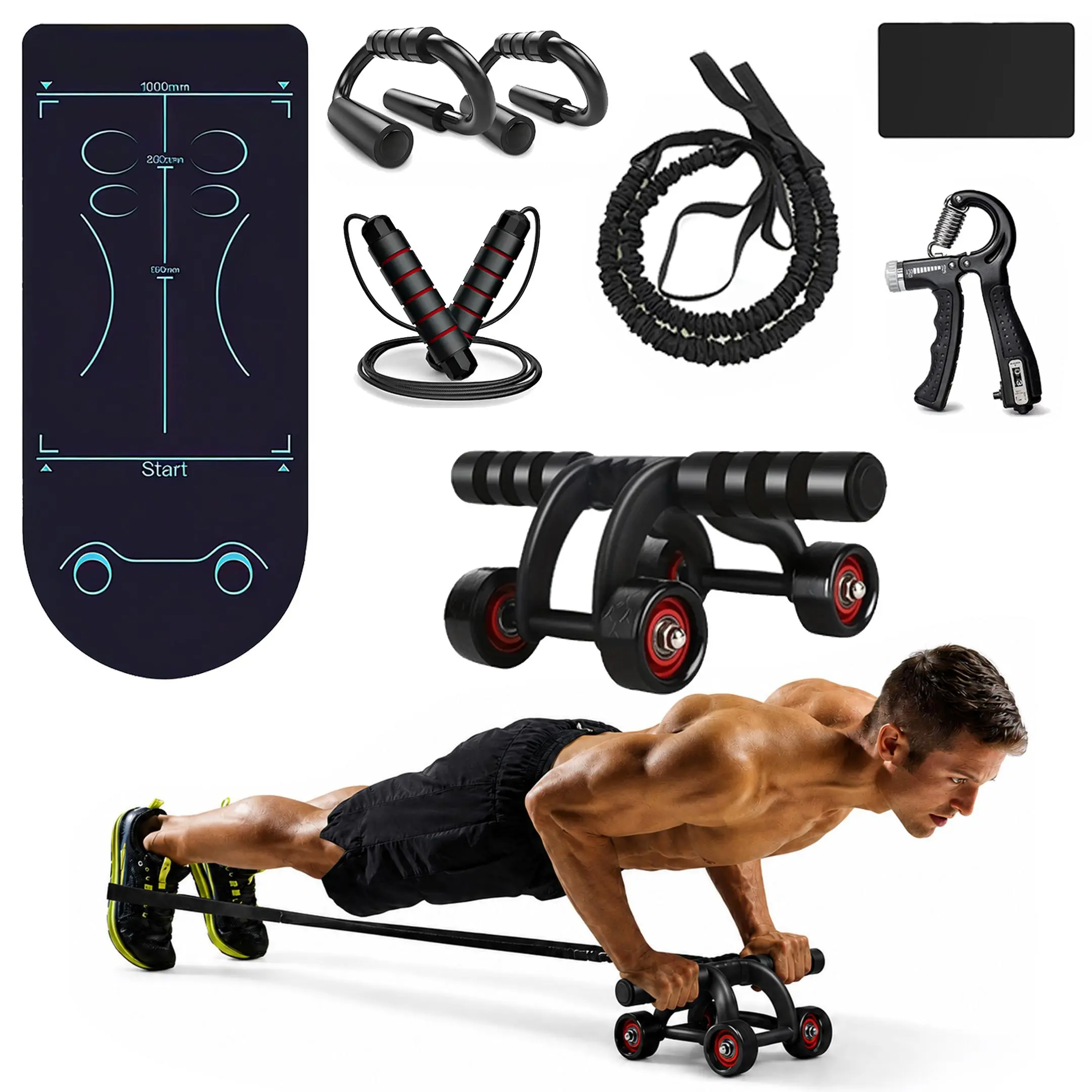 4-Wheel Ab Roller with Resistance Band - Home Gym Abdominal Trainer Kit Including Hand Grip Strengthener, Jump Rope, Push-Up Board - Unisex Portable Exercise Equipment