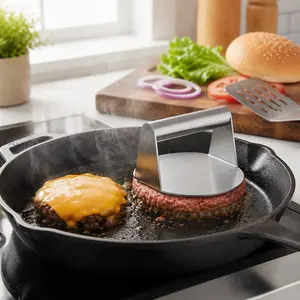 Stainless Steel Smash Burger Press, Heavy-Duty Hamburger Smasher for Perfect Crispy Patties, Kitchen Utensil with Stylish Keychain for Live Streaming Photography