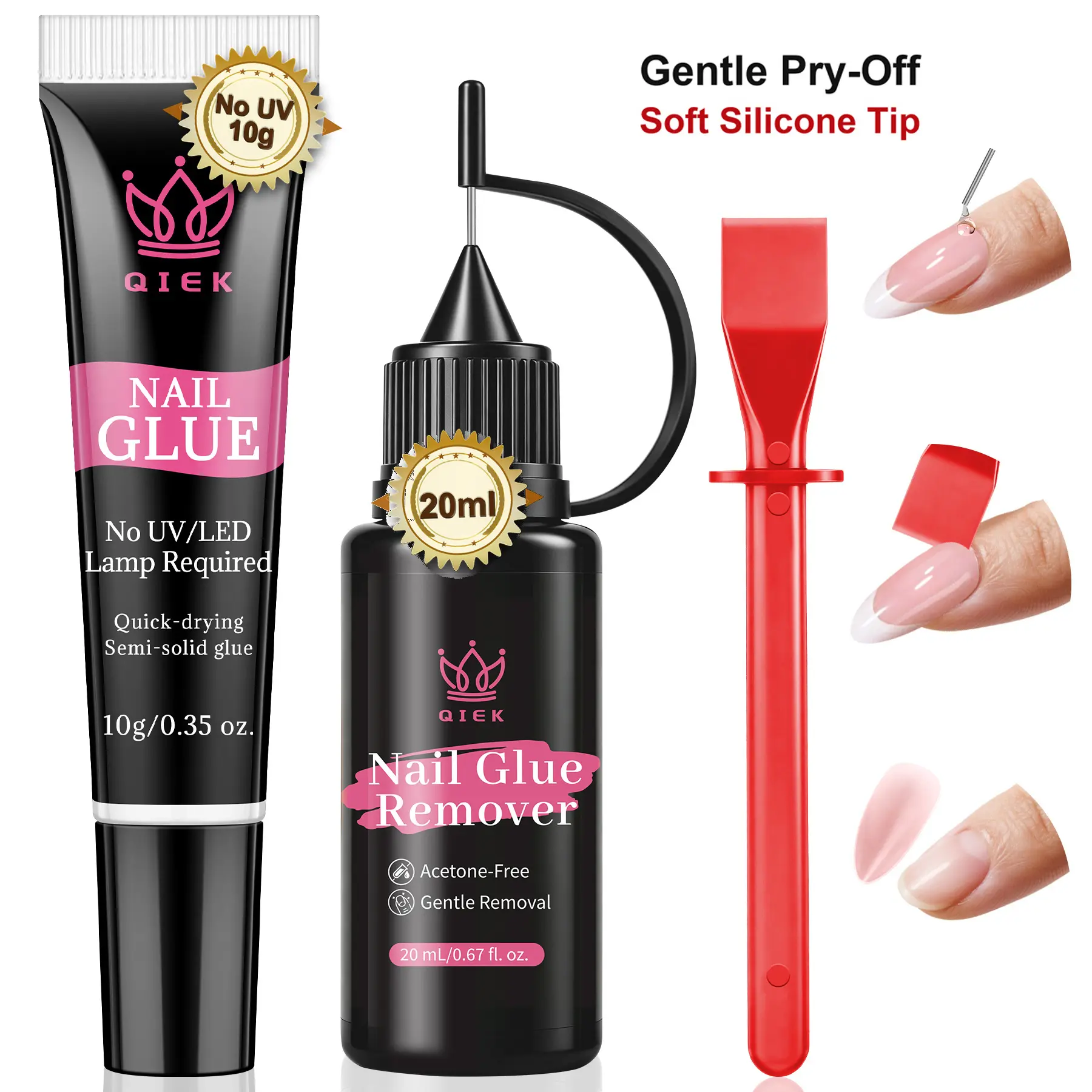 QIEK 10g Press on Nail Glue and 20ml Pinpoint Glue Remover Kit - No UV Lamp Needed Fast Drying Adhesive Tube for Nail Tips, Acrylic Fake Nail and Precise Solid Gel Glue Remover Acetone Free with Tool