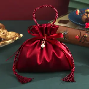 Wedding Favor Bags, 3pcs Luxury Satin Drawstring Gift Bags with Pearl Tassel & Handle, Burgundy Candy Bags for Bridal Shower, Wedding Guest Gifts, Party Favors, Jewelry Pouches