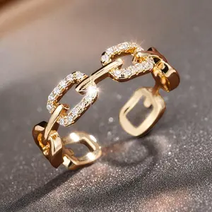Novelty Look Cubic Zirconia-Inlaid Adjustable Open Ring with Chain Design, Ideal for April Birthdays and Valentine's Day (Costume Jewelry Accessory), Novelty Look Rings