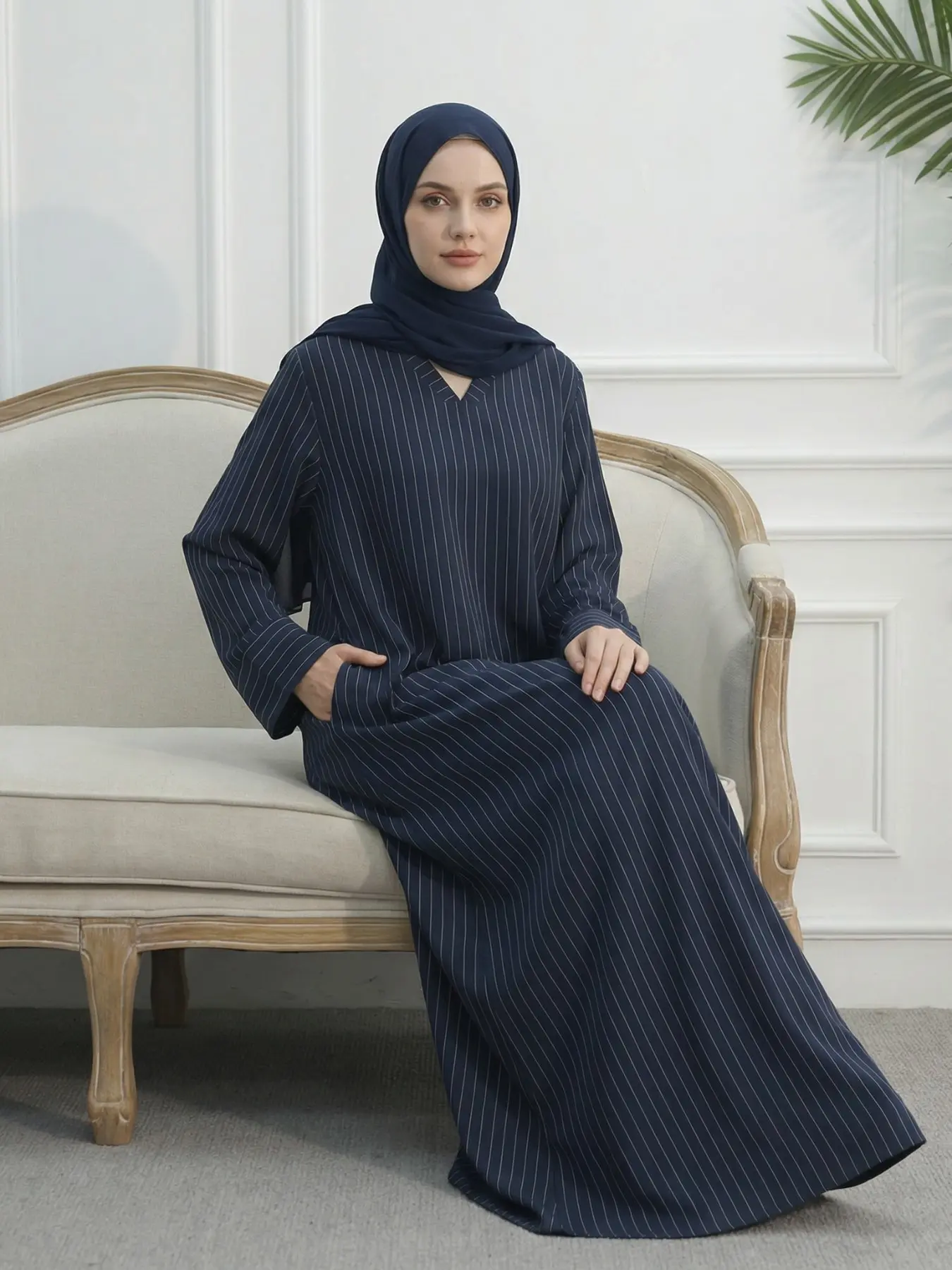 New Muslim Women's Minimalist Striped Long Dress, V-Neck Abaya with Pockets, Loose-Fitting Casual Wear, Modest Style Dress, All Seasons, Classy Modest Dresses, Modesty Muslim Clothing