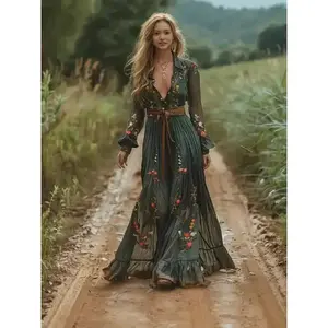 Women's Vintage Floral Dress Pastoral Flower V-Neck Long Dress Western Fall Casual Maxi Dresses for Beach Wedding Guest