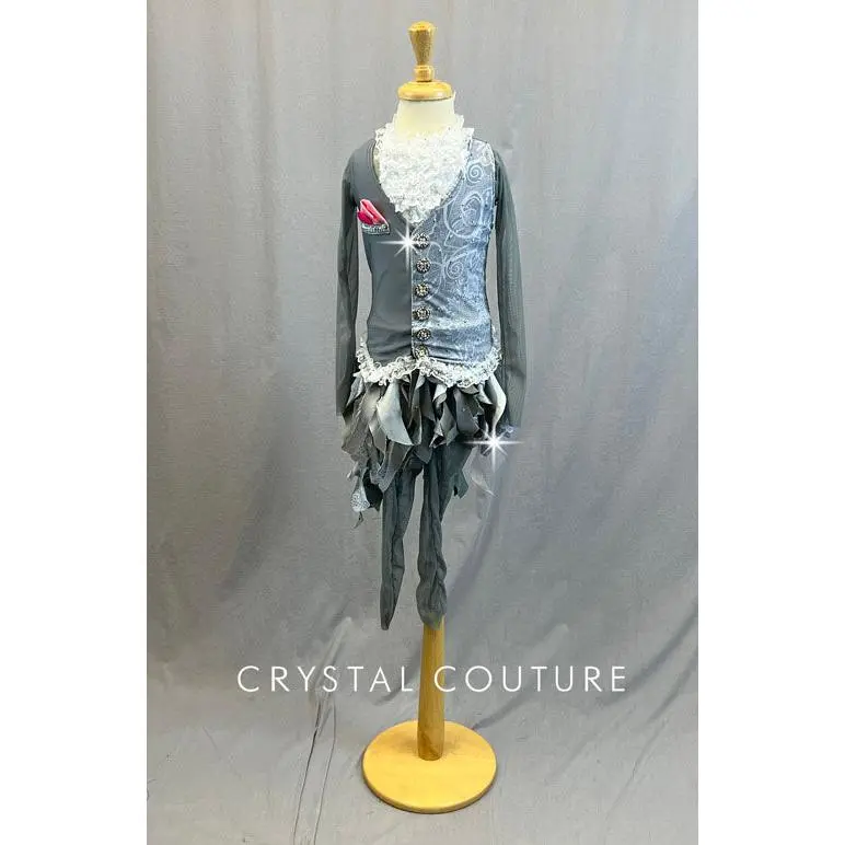 Custom Grey Swirl Vest with Spiral Cut Skirt and White Ruffle Chest - Rhinestones