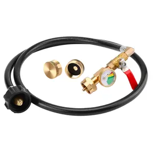 Propane Refill Adapter Hose with Gauge, 4FT/48'' Propane Tank Refill Adapter Extension Hose for 1LB Propane Gas Tanks with ON/Off Control Valve, 2X 1lb Propane Bottle Caps Included