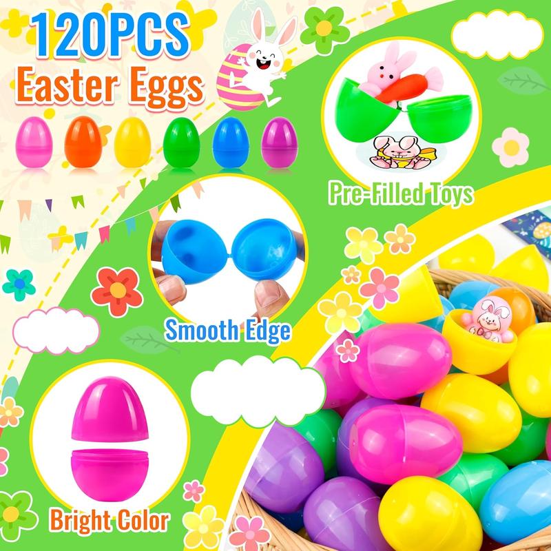 120 Pcs Prefilled Plastic Easter Eggs Filled with Assorted Toys Stickers Inside for Kids Boys Girls Toddlers Easter Theme Party Favors Easter Eggs Hunt Basket Filler Stuffers Classroom Prize Supplies