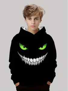 Boys' 3D Printed Hooded Sweatshirt, Graphic Hoodies, Smiley Face Design, Long Sleeve Casual Pullover, Outdoor Sports, Spring & Fall Wear