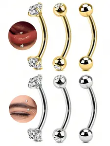 3PCS 16G Stainless Steel Body Jewelry, Tiny Belly Button Rings Gold Curved Navel Barbells, Silver Snake Eyes Piercings For Tongue Conch Eyebrow Rings, Septum Jewelry, Nose Ring Jewelry