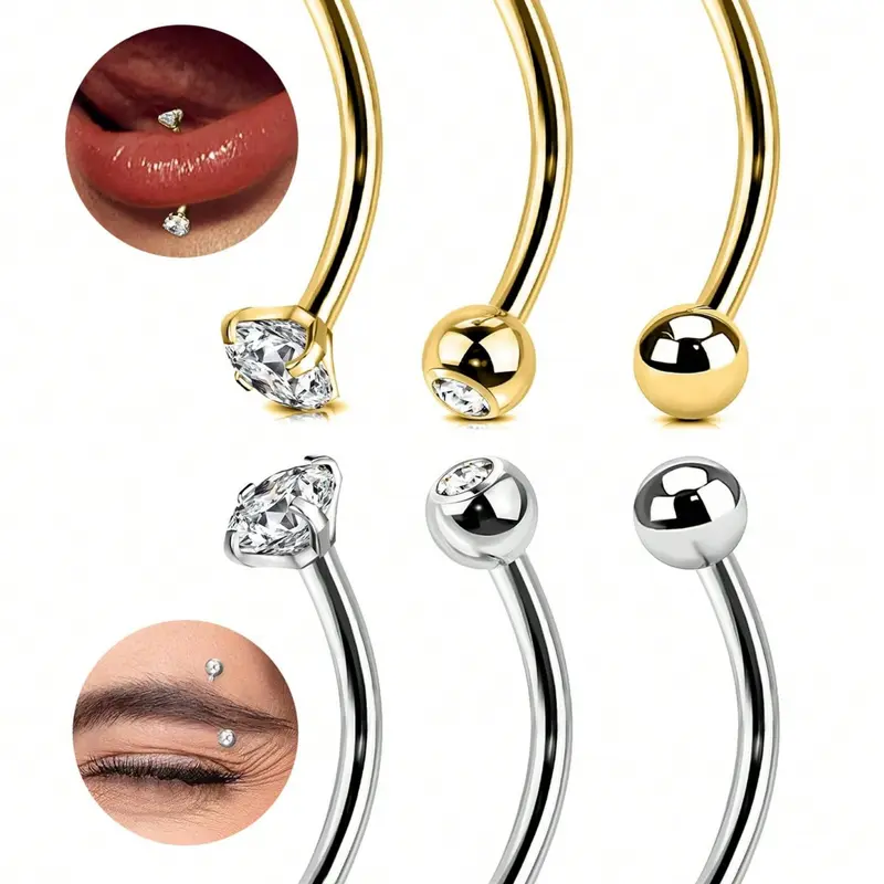 3PCS 16G Stainless Steel Body Jewelry, Tiny Belly Button Rings Gold Curved Navel Barbells, Silver Snake Eyes Piercings For Tongue Conch Eyebrow Rings, Septum Jewelry, Nose Ring Jewelry, Body Jewellery
