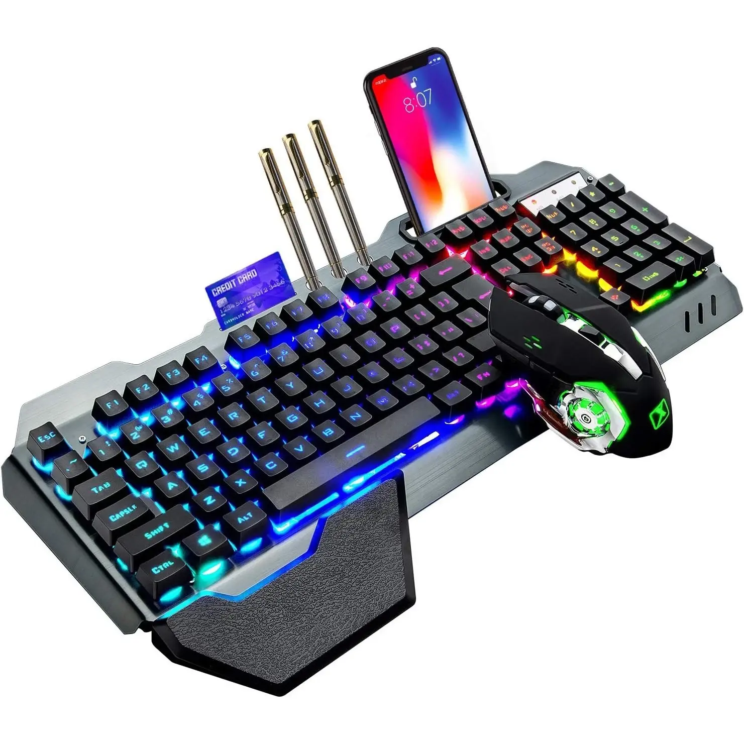 RGB Backlit Wireless Gaming Keyboard and Mouse,RGB Backlit Rechargeable Keyboard Mouse with 5000mAh Battery Metal Panel,Removable Hand Rest Mechanical Feel Keyboard and 7 Color Gaming Mute Mouse for PC Gamer