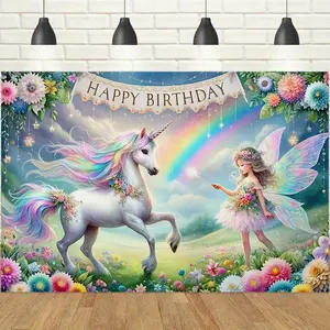 1pc 2D Unicorn Fairy Birthday Banner, Rainbow Flower Sea Theme Backdrop, Dreamy Party Decoration Tapestry, Photo Booth Background Cloth for Birthday Party Celebration
