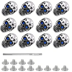 Metal Blue Eye Skull Rivets Decorative Punk Studs with Leather Punch Tool for Bags Belts Shoes Leathercraft Pack of 12 Silver