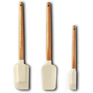 3- Heat Resistant  Spatula Set for Baking - Wooden Handle Spatula Baking Spatula, Non-Stick for Cooking, Mixing, Frosting & Jams (Beige)