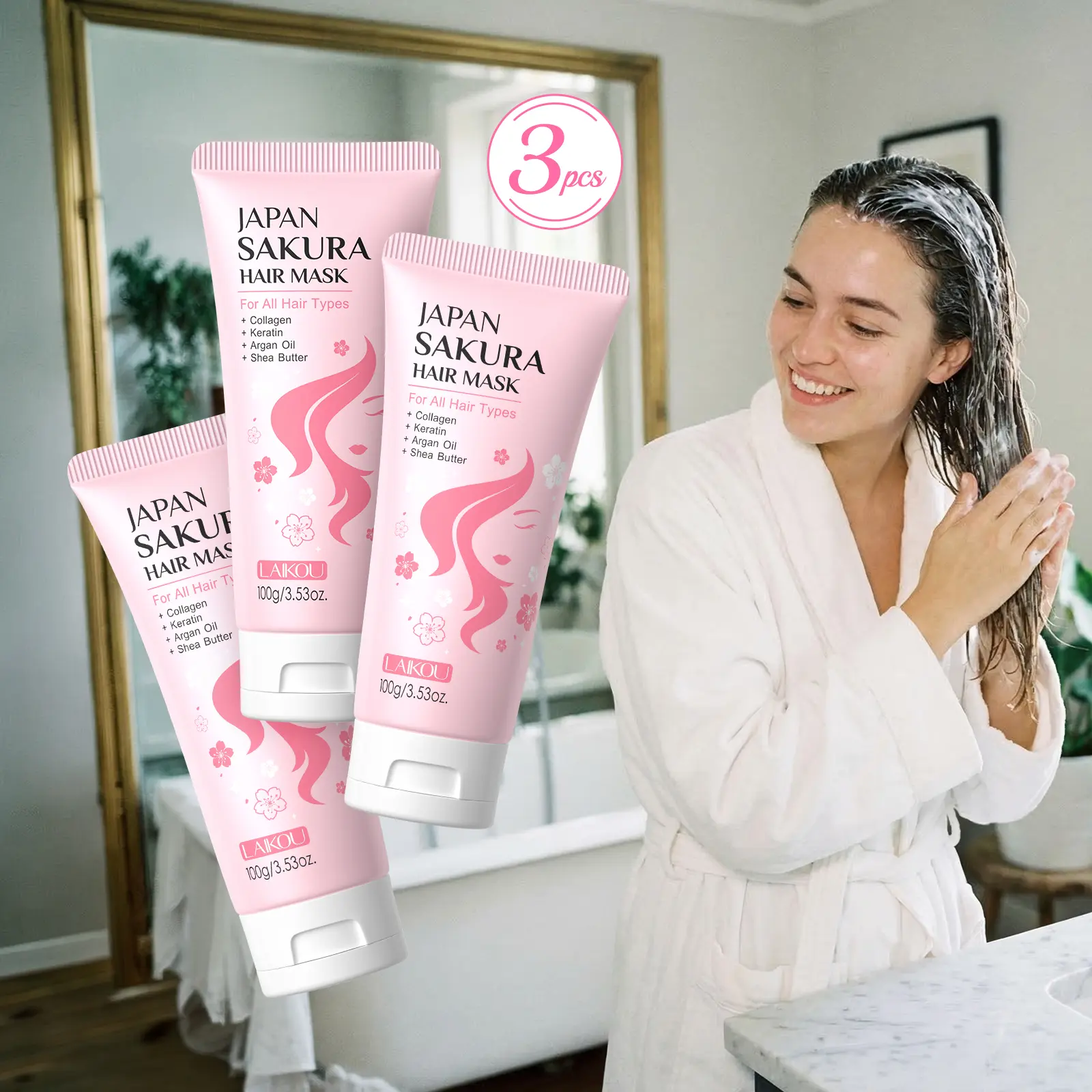 LAIKOU Sakura Hair Mask 100 g (3-pack): deep conditioner for dry, damaged hair; cherry blossom hair treatment for frizz control and softness; hydrating deep conditioning hair mask; 3-piece set
