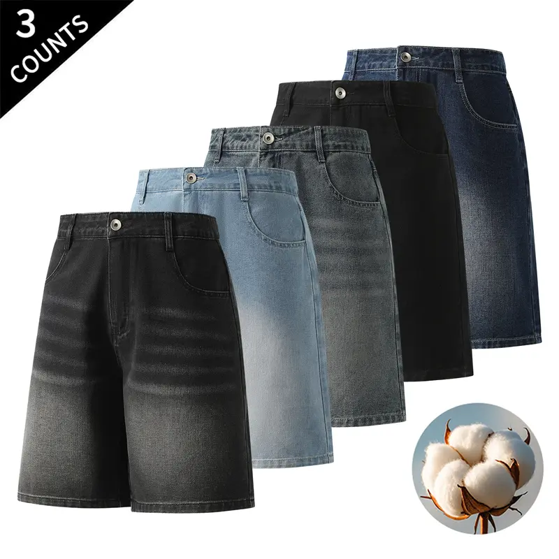 Men's 3-Pack Cotton Blend Polyester Bermuda Jean Shorts - Baggy, Loose-Legged, Knee-Length, Relaxed-Fit Vintage Washed Denim, Plain Menswear Male Clothing for Summer Casual Streetwear (Black & Gray+Light Blue+Vintage Blue+Dark Blue)