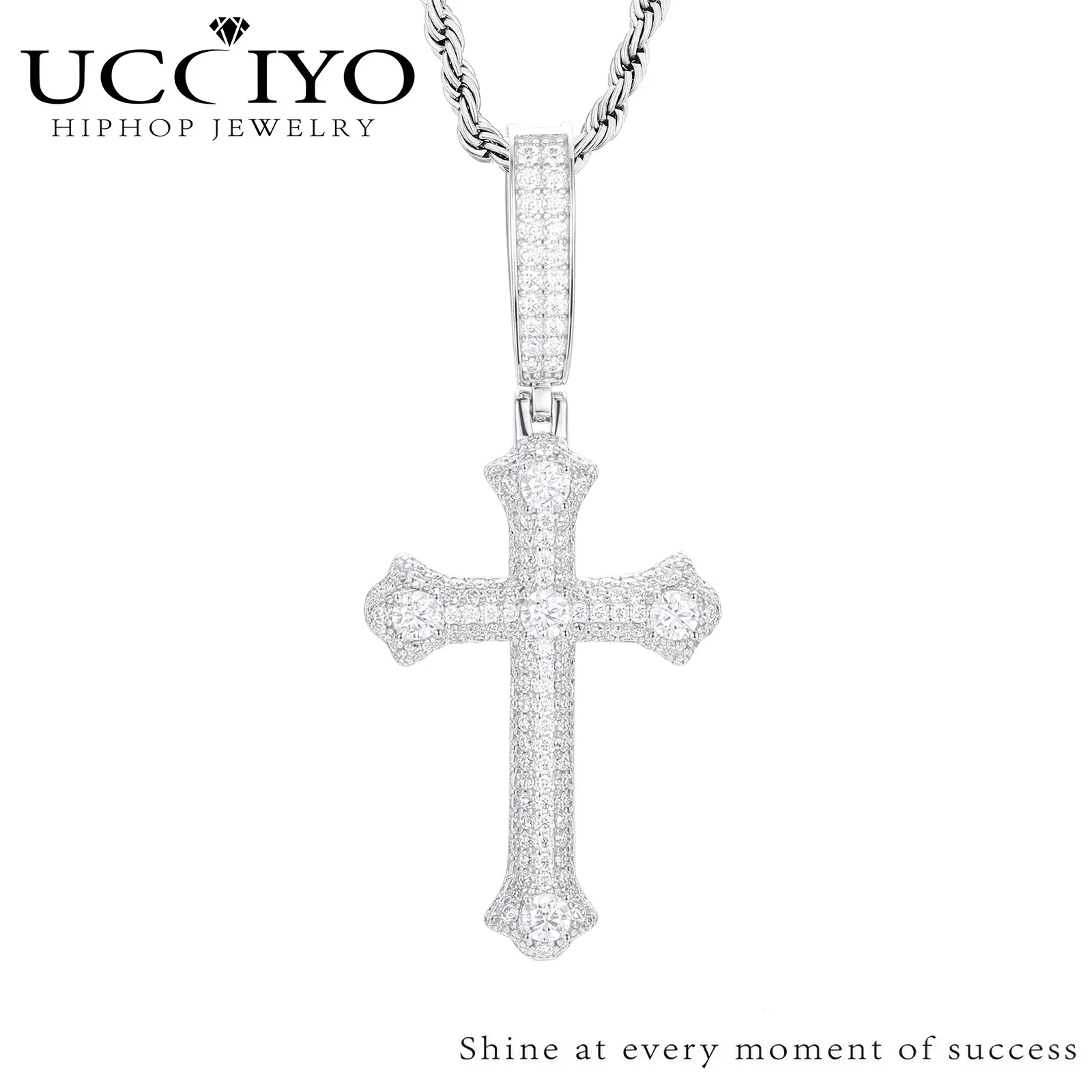UCCIYO Exquisite Cross Design S925 Sterling Silver Synthetic Moissanite Gemstone Pendant Necklace, Hip Hop Men's Jewelry, Micro-Inlay Sparkling Wedding Party Gift【#P439】