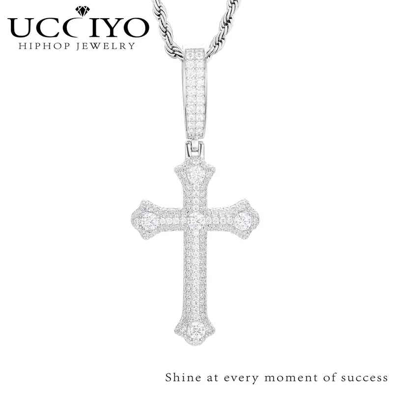 UCCIYO S925 Sterling Silver Cross Design Necklace - Synthetic Moissanite Micro-Inlay Gemstone Pendant, Male Jewelry, Casual Hip Hop Chains, Gifts for Boyfriends, Boyfriend Birthday Gift【#P439】
