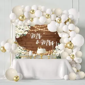 Floral Mr & Mrs Engagement Decorations, White and Gold Balloon Kit with Wedding Wooden Background for Wedding Bride and Groom Engaged Ceremony Anniversary Bridal Shower Party Supplies Decor