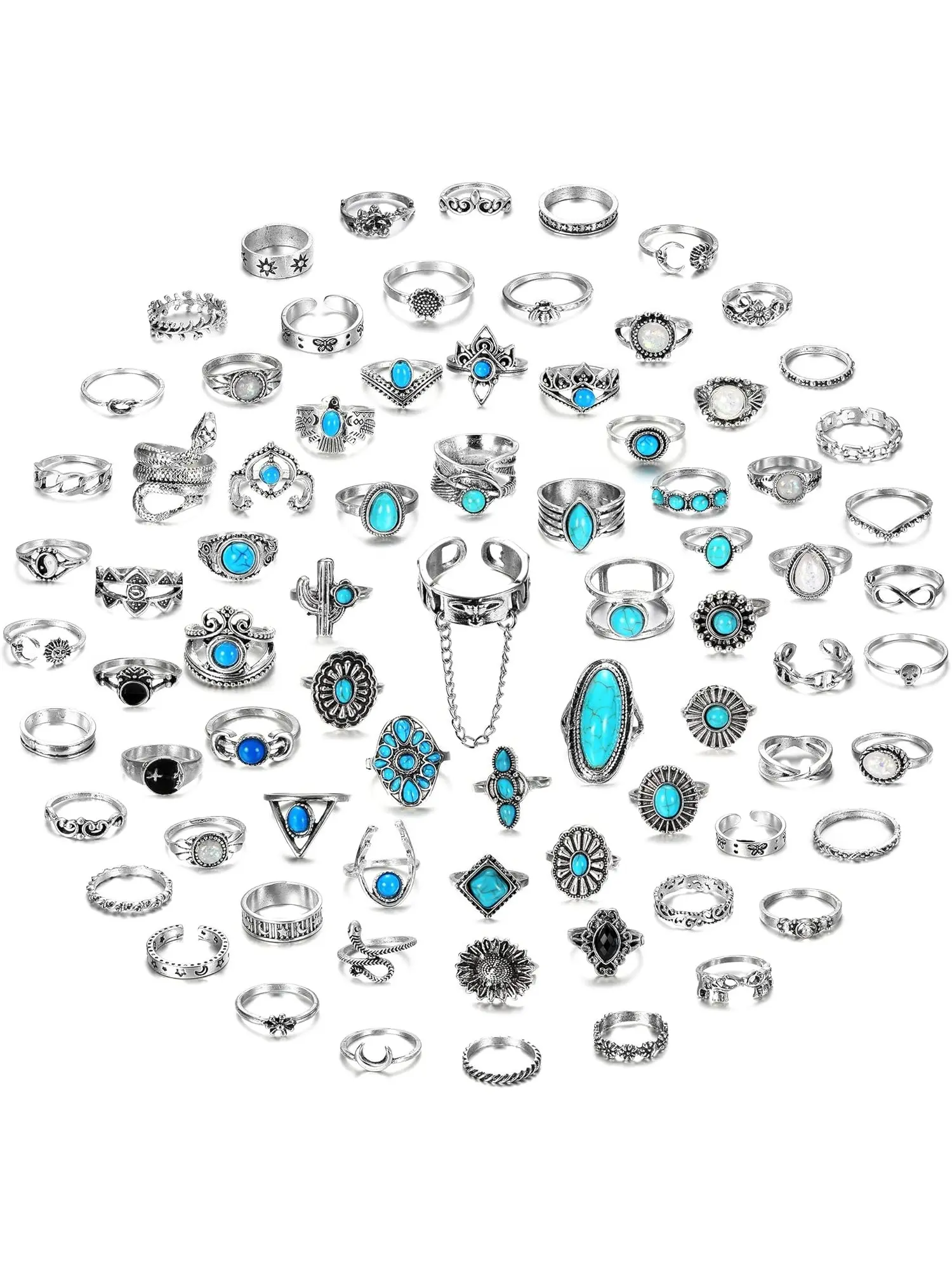 1 Set Vintage Turquoise Rings for Women Silver Knuckle Rings Bohemian Oval Gemstone Rings Western Rings Stackable Joint Finger Rings Midi Stacking Rings Set