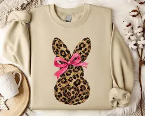 Leopard Print Bunny Sweatshirt, Pink Bow Easter Crewneck, Cute Cheetah Spring Pullover, Women's Cozy Holiday Graphic Top, Preppy Boutique Sweater, Spring Aesthetic Apparel