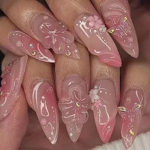 3D Flower Press On Nails, Pink Flower Butterfly Nails, Elegant Floral Nails, Hand Drawn Gel Nails, Reusable Full Cover Nail Set