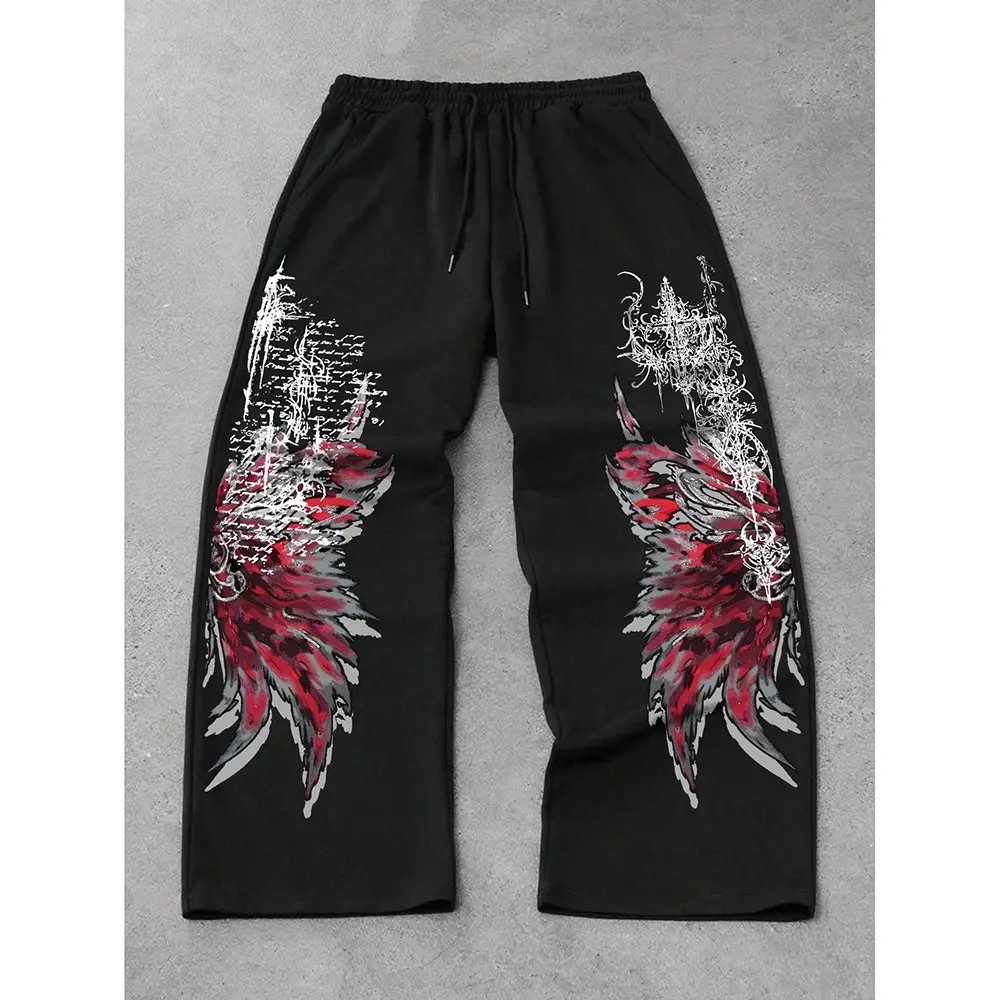 Y2K Gothic Wing Pants That Go Hard Black Wide Leg Sweatpants with Red Wing Print Y2K Red & Black Wing Sweatpants