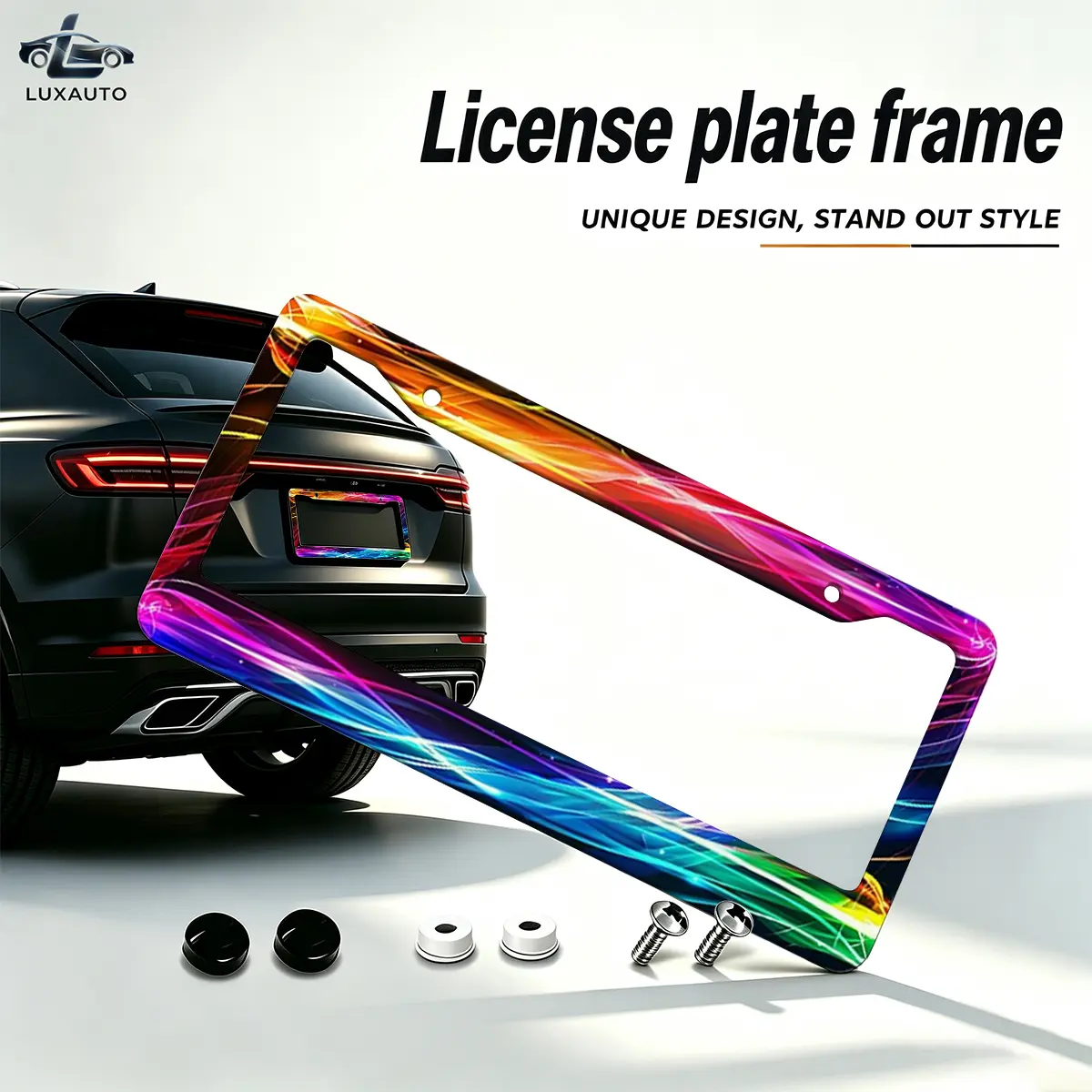 Vibrant Neon Energy Light Flow License Plate Frame, Universal 12.2 x 6.3 Inch Rust-Proof Aluminum Auto Tag Holder with Screws and Caps for Modern Drivers