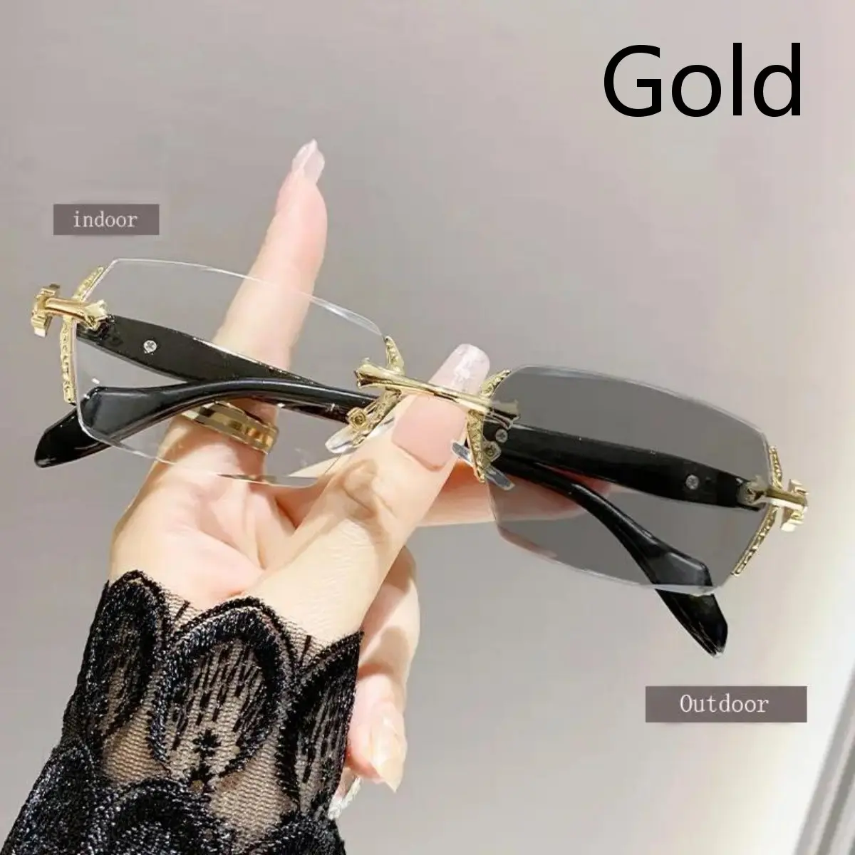 Photochromic Frameless HD Vision Clear Glasses with Blue Light Blocking ， Diamond-Cut Edges， Lightweight Fashion Metal Temple Decor forComputer Street Style Party Unisex  Women Men