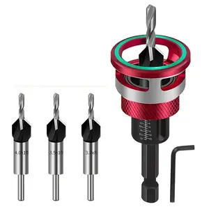 Adjustable Drill Bit Set, 5-Piece Burr Bits with Depth Control, Four-Blade Carbide Tips, Aluminum Alloy Stop Ring, 1/4 Inch Hex Shank
