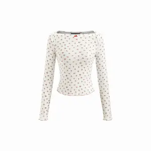 Cider Cotton-blend Floral Pointelle Boat Neck Long Sleeve Lettuce Trim Top