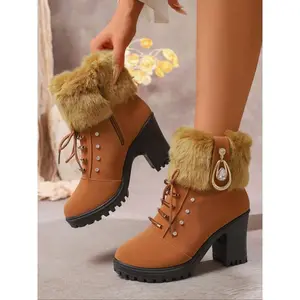 Women's Fashion Sequins Decorated Plush Lined Ankle High Heels, Casual Comfortable Round Toe Boots for Fall & Winter, Versatile Daily Wear Shoes, Elegant Boots