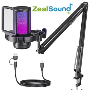 ZealSound USB Gaming Microphone, Noise Cancellation Condenser Mic with Mute, Gain, Monitoring, Brilliant RGB effect, Boom Arm Mic for Streaming, Podcast, Twitch, YouTube, Discord, PC, Computer, PS4, PS5, Mac, laptop