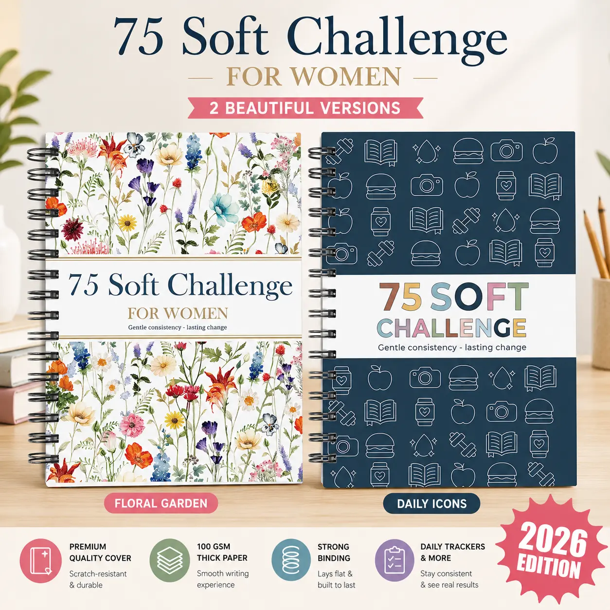 Summer Glow 75 Soft Challenge Journal, for Women, Men - A5 Spiral 75-Day Habit Tracker Planner, 108-Page Full-Color Daily Logs, Weekly Reviews, Meal Water Workout Reading Tracker