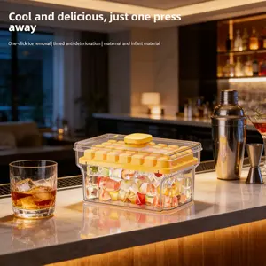 One-Touch Press Ice Cube Tray with Lid & Storage Bin, Easy Release Silicone Ice Maker Mold Box with Scoop & Date Dial, Stackable Square Mini Ice Cube Container for Freezer Cocktails Coffee Summer Kitchen Gadgets