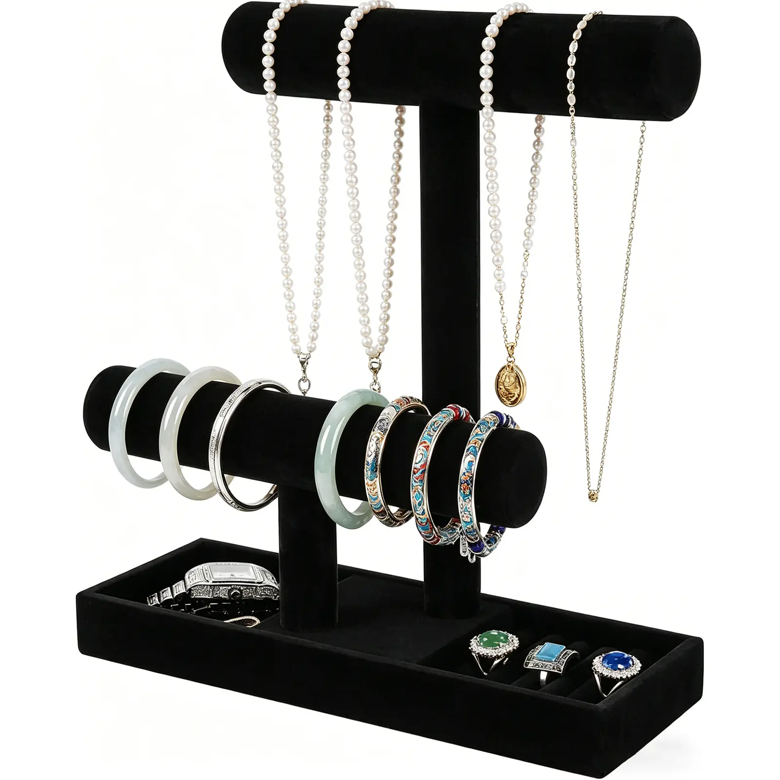 Wudygirl Bling 2-Tier Black Velvet Foldable Rectangle Jewelry Display Stand - Adjustable Organizer Set for Dresser Organization, Tabletop Use with Earring-Ring Tray, Necklace-Bracelet Holder, Vanity Scrunchie & Watch Holder, Display Box