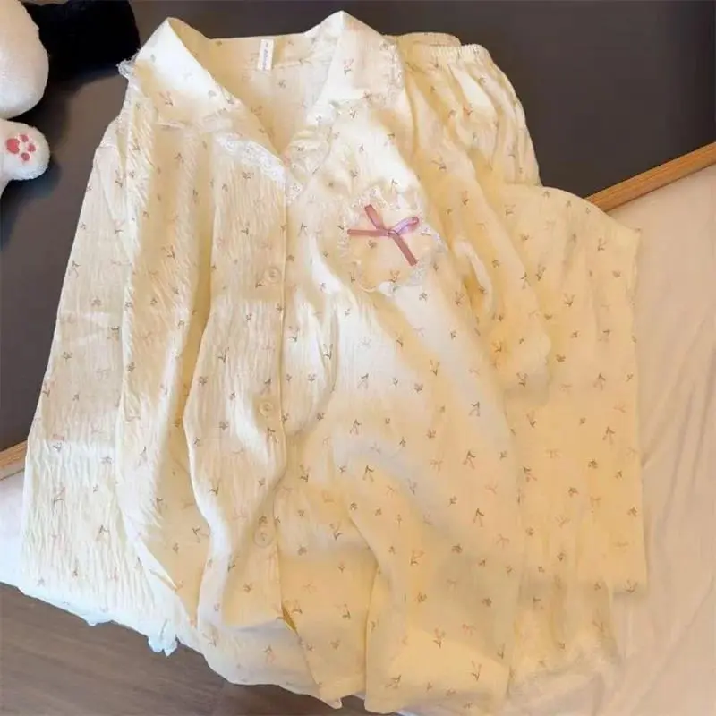 Young Girl's 2-Piece Princess Look Pyjama Set, Sweet Lace Bow, Cloud Cotton Fabric, Autumn Long-Sleeved Trousers & Cardigan, Cute Student Sleepwear