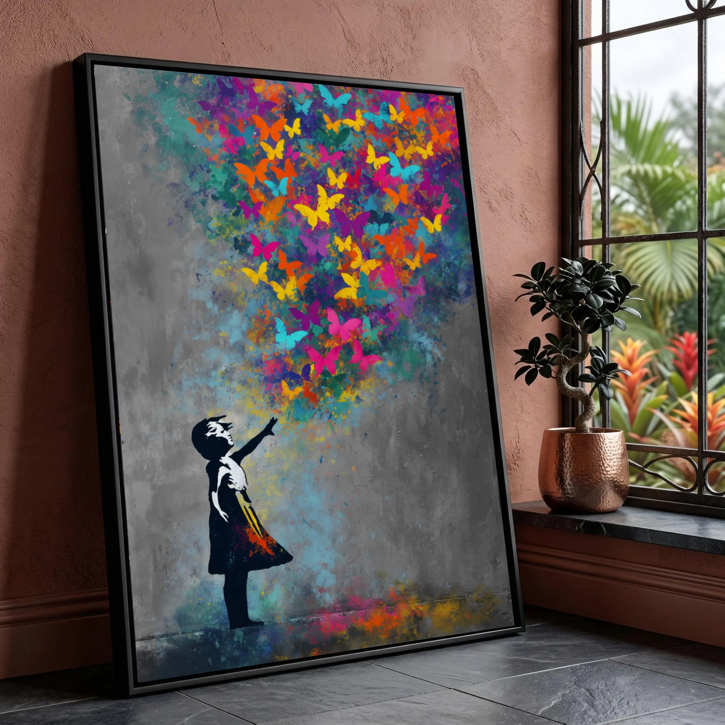 [Sale off up to 40%] [Frame Canvas] Colorful Butterflies and Girl Canvas Wall Art, Vibrant Street Art Style, Abstract Butterfly Canvas, Inspirational Wall Decor, Ready to Hang