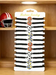 12-Piece Sports Style Bracelet Set, Adjustable Woven Rope Metal Basketball Football Volleyball Charm Bracelets, Unisex Kids Jewelry Collection