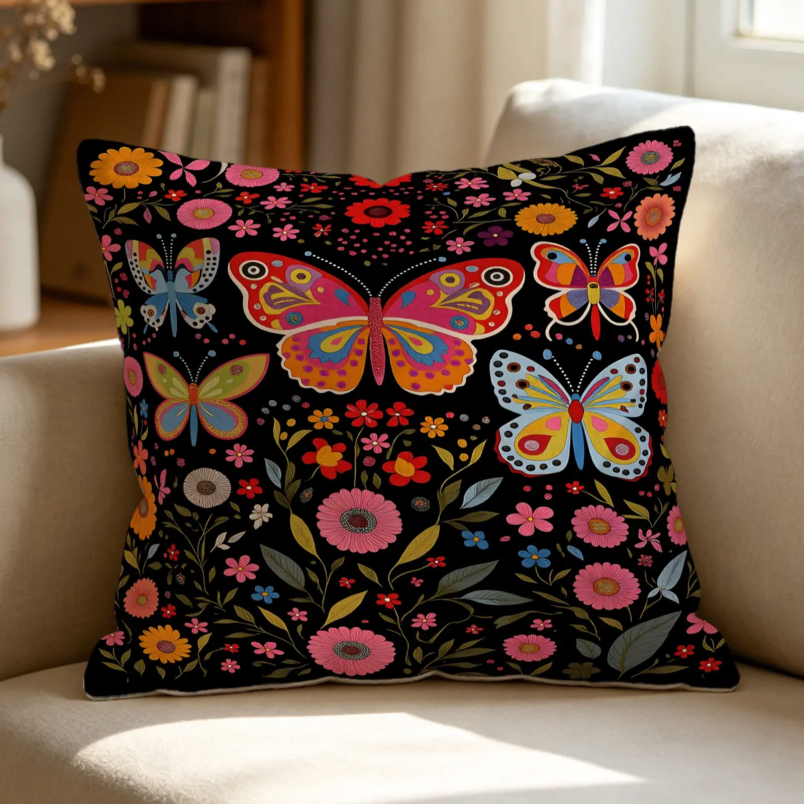 Boho Butterfly Throw Pillow, Colorful Floral Print Cushion, Soft Accent Pillow with Includes Pillow Core, Vibrant Decorative Pillow for Living Room Bedroom Sofa