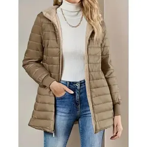 Fleece Lined Zip Up Coat, Casual Long Sleeve Fabric-padded Women's Clothing