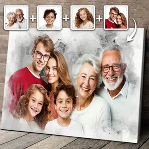 1pc Custom Photo Family Portrait Canvas Wall Hanging - Personalized Picture Collage Suitable for Loved Ones, Wrap-Around Frame for / Use, Multi-Generational Picture for,, Office Decor - Upload Your Own Photos, 2D Flat
