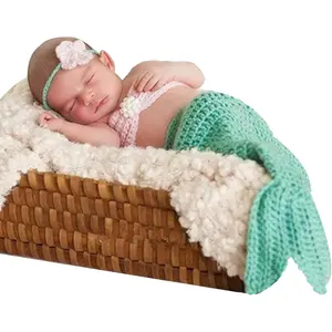 L-HDW016   Mermaid Costume Set-Handmade Crochet Baby Photo Prop Includes Headband, Bra, Tail For Newborn Photography (Aquamarine)