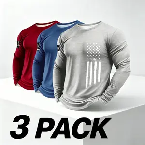 Men's 3-Pack American Flag Long Sleeve Shirts - Quick-Dry, Moisture-Wicking Slim-Fit Crew Neck Athletic Tops for Gym, Running, Long Sleeve Shirt